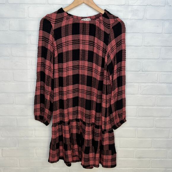 Cloth & Stone Anthropologie Plaid Drop Waist Pink Black Plaid Dress -sz XS/S - Picture 1 of 5